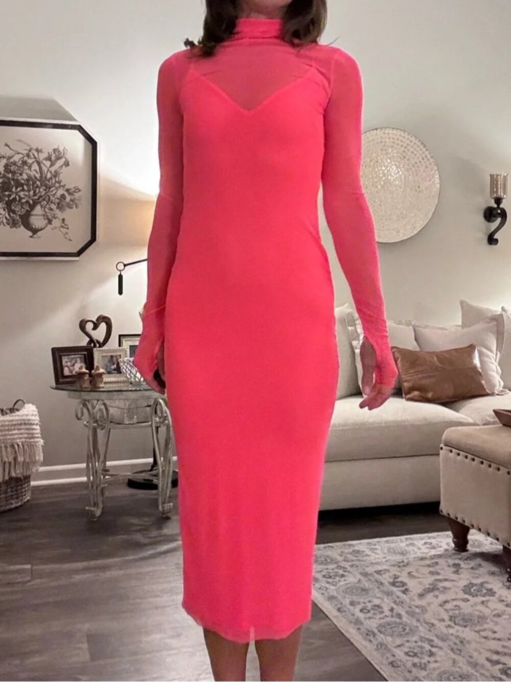 AFRM Neon Pink Long Sleeve Midi Dress with Sheer Yoke